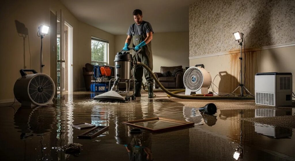 A man in waterproof gear uses a vacuum to clean up water from a flooded living room, with fans, equipment, and scattered objects visible on the soaked carpet.