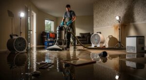 A man in waterproof gear uses a vacuum to clean up water from a flooded living room, with fans, equipment, and scattered objects visible on the soaked carpet.