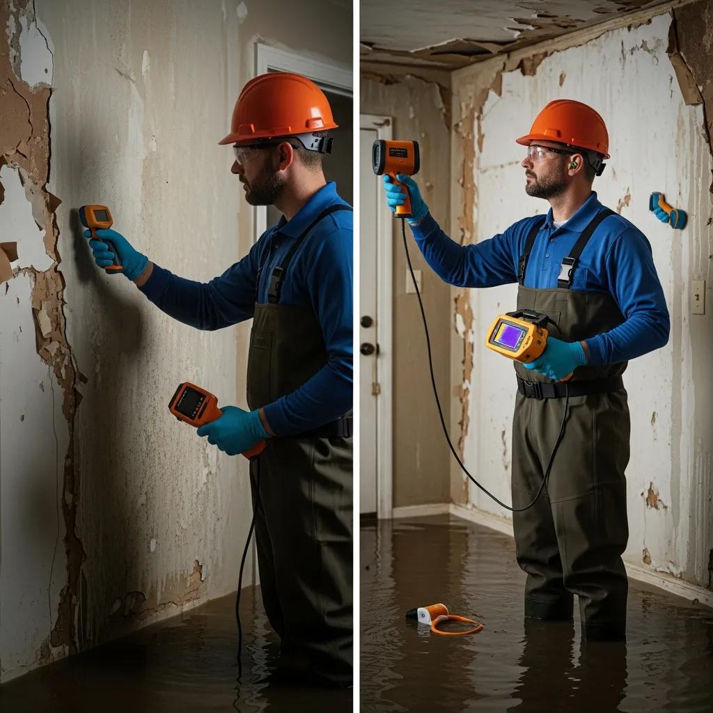 A man in safety gear uses a handheld device to inspect water-damaged, peeling walls in a flooded room. Water covers the floor, and the man wears gloves, a hard hat, and protective overalls.