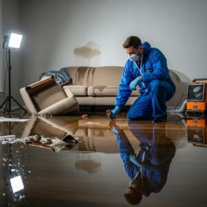 A cleanup worker in protective gear kneels on a wet, flooded floor, using equipment to assess damage. A tipped chair, damaged sofa, and cleanup lights are visible in the room.