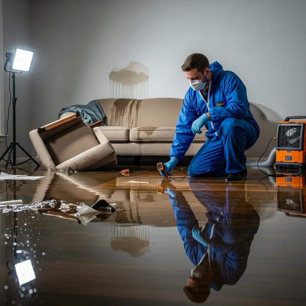 A cleanup worker in protective gear kneels on a wet, flooded floor, using equipment to assess damage. A tipped chair, damaged sofa, and cleanup lights are visible in the room.