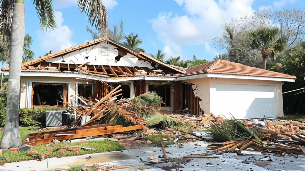 A house with severe storm damage; its roof is partially missing, windows are shattered, and debris and wooden beams are scattered across the yard and driveway. Palm trees surround the damaged home under a clear sky.