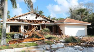 A house with severe storm damage; its roof is partially missing, windows are shattered, and debris and wooden beams are scattered across the yard and driveway. Palm trees surround the damaged home under a clear sky.