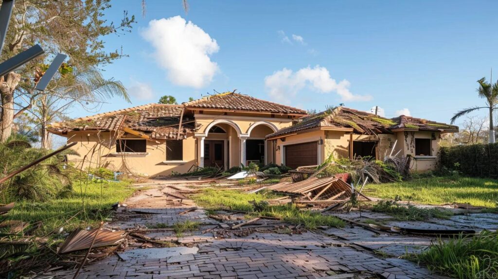 A beige house with a damaged roof and debris scattered across the driveway and yard, surrounded by overgrown grass and palm trees under a sunny, blue sky.