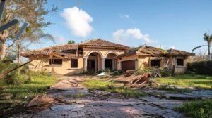 A beige house with a damaged roof and debris scattered across the driveway and yard, surrounded by overgrown grass and palm trees under a sunny, blue sky.