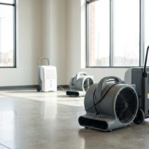 Three industrial air movers and a dehumidifier are set up on the floor of a bright, empty room with large windows, likely for drying or water damage restoration.