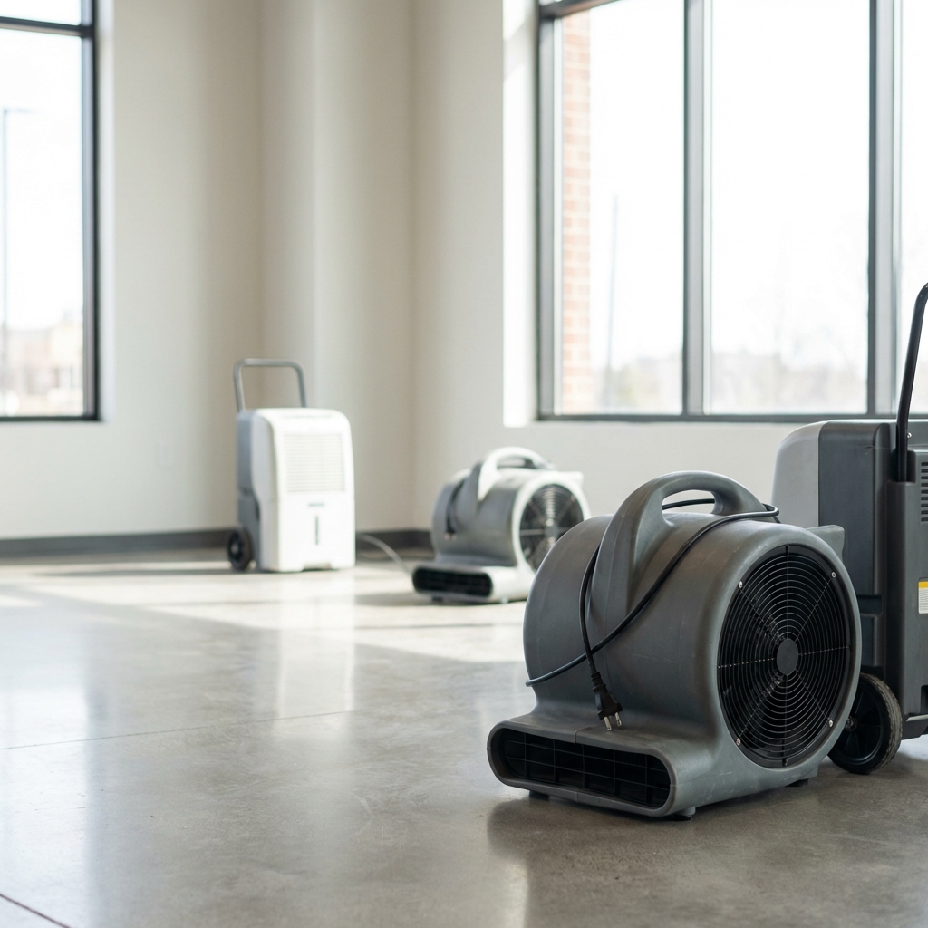 Three industrial air movers and a dehumidifier are set up on the floor of a bright, empty room with large windows, likely for drying or water damage restoration.