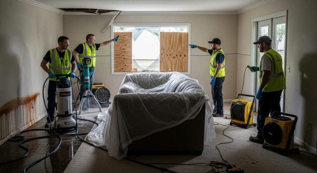 Four workers in safety vests and gloves inspect water damage in a living room. The couch is covered in plastic, the window is broken and boarded up, and water removal equipment is on the wet floor.