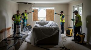 Four workers in safety vests and gloves inspect water damage in a living room. The couch is covered in plastic, the window is broken and boarded up, and water removal equipment is on the wet floor.
