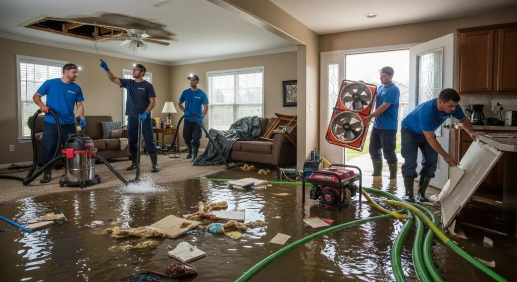 A team of workers in blue shirts cleans a flooded living room, using vacuums, fans, and hoses. Water covers the floor, and debris floats around. One worker points to a damaged ceiling while others clean and remove items.