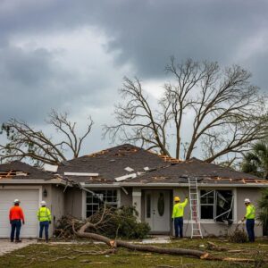 Four workers in safety gear assess a house with roof and window damage after a storm. Debris and fallen branches are scattered in front, and leafless trees stand behind the home under a cloudy sky.