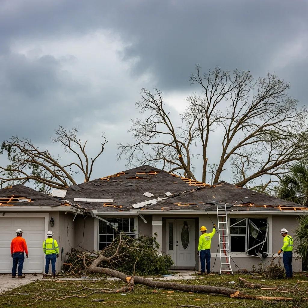 Four workers in safety gear assess a house with roof and window damage after a storm. Debris and fallen branches are scattered in front, and leafless trees stand behind the home under a cloudy sky.