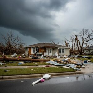 A house severely damaged by a storm, with debris, broken trees, and scattered belongings covering the yard and street under dark, ominous clouds.