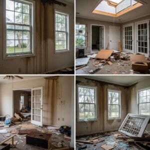 Four photos show a severely damaged room with broken furniture, debris, water stains on the walls, and a partially collapsed ceiling under a skylight. Windows and doors are intact but the space is in disarray.