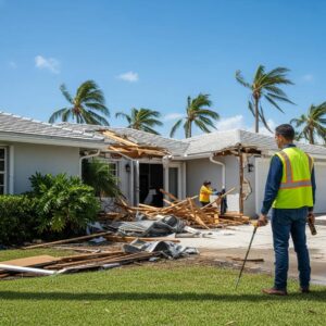 A man in a safety vest surveys storm damage at a house with a collapsed roof and debris scattered outside, while another worker cleans up. Palm trees and blue sky are in the background.