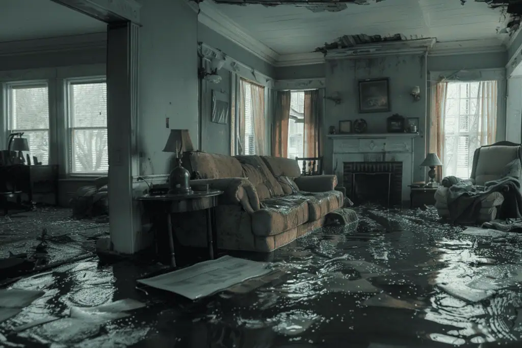 A flooded living room with water covering the floor. A sofa, armchair, and tables are partially submerged. Light streams through large windows, and water-damaged walls and ceiling are visible. A fireplace is in the background.