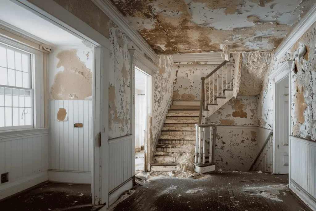 Dilapidated interior of an abandoned house with peeling paint on the walls and ceiling. A wooden staircase is in the center, leading to the upper floor. Natural light filters in through two large windows, illuminating the worn wooden floor and debris.