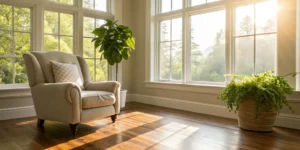 Restored living room after flood damage.