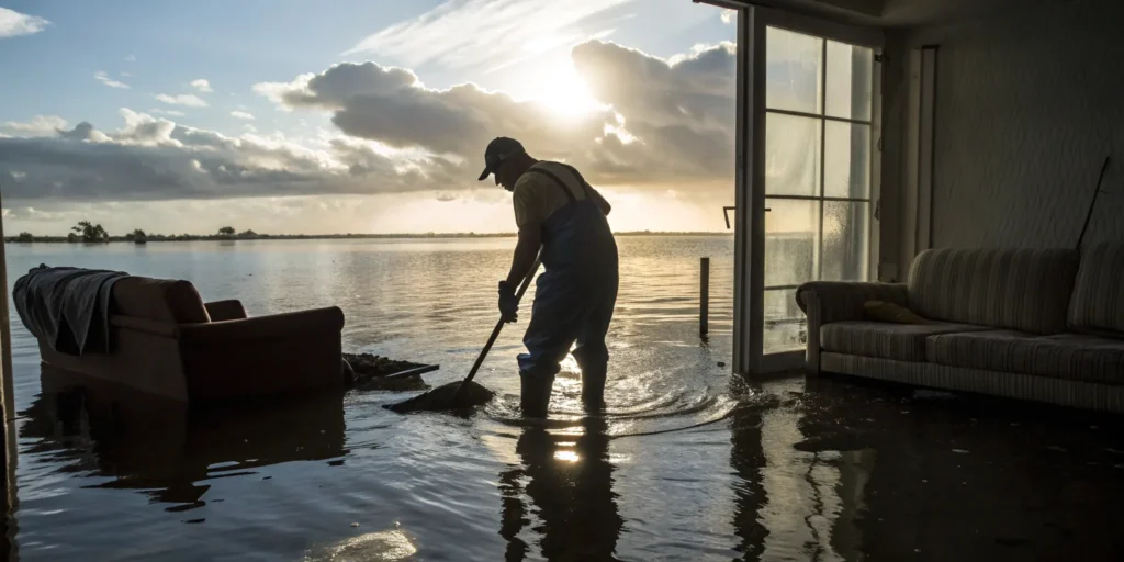 Storm damage repair: Cleaning up flooded home.