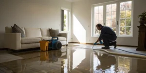 Water damage restoration professional performing the water extraction step on a flooded floor.