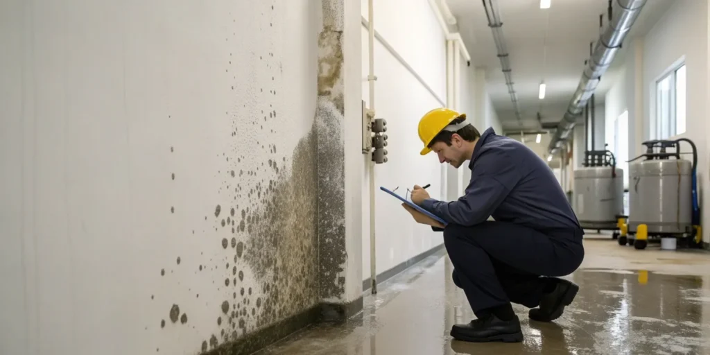A commercial water mitigation specialist inspects a wall for mold and water damage.