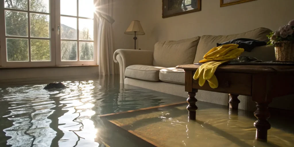 Living room with severe water damage on the floor and furniture, needing professional reconstruction.